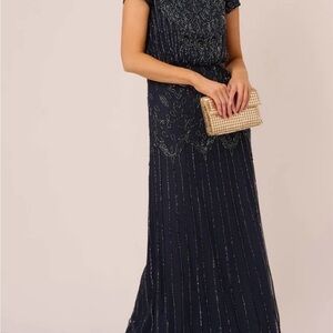 Adrianna Papell Navy Maxi Dress with Beaded Detail